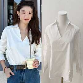 长期现货2025秋冬钟楚曦同款港风时尚白色长袖V领衬衫女百搭衬衣
