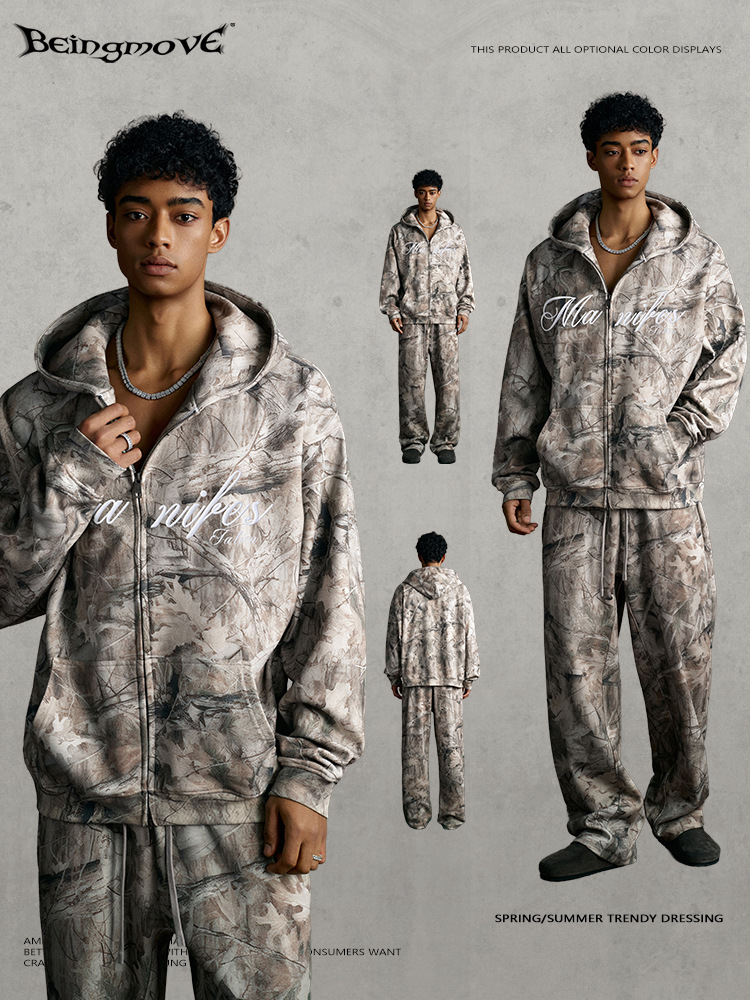 Calle secada| Invierno Europa y América marca de moda camuflaje tridimensional bordado con camisa encapuchada de vello doble cremallera chaqueta chaqueta hombre
