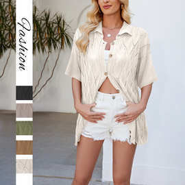 2026春夏新款欧美跨境女装亚马逊热卖翻领宽松休闲开衫短袖针织衫