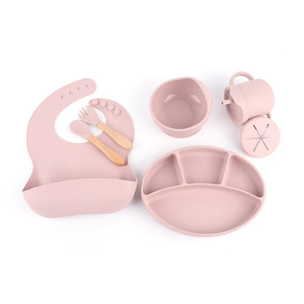 Fuchsia set, bib, dinner plate, fork, spoon, 7 pieces
