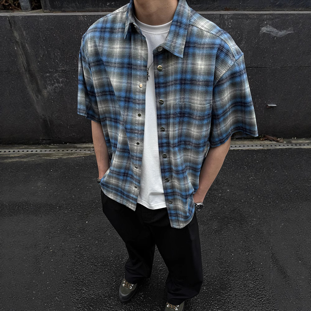 American Retro Plaid Short-Sleeved Shirt Men's Casual Summer Thin Lazy Style Loose Couple Half-Sleeved Shirt Jacket