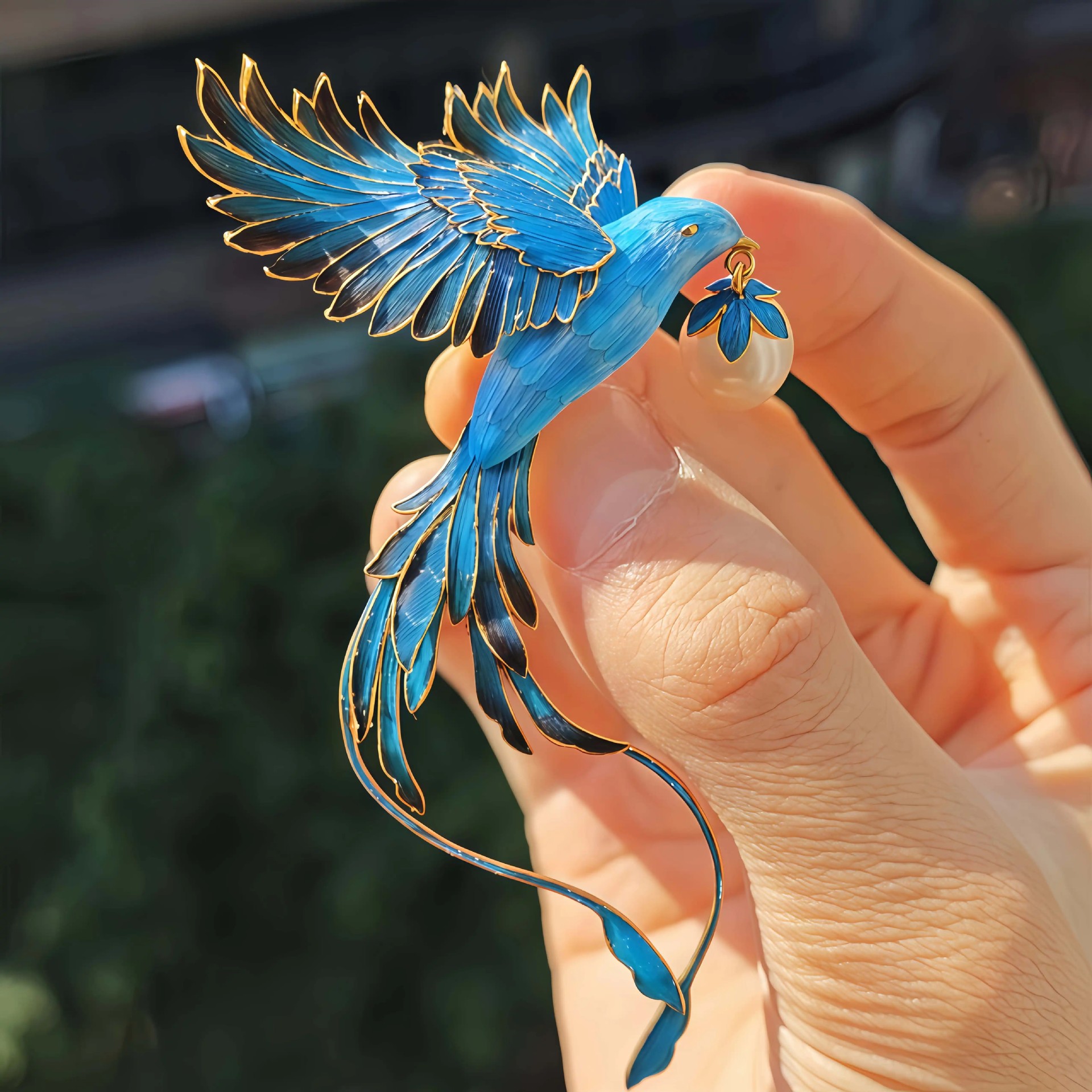 National Trend Imitation Jade Flower Filigree Pearl Ribbon Bird Brooch Enamel Blue New Vintage Court Style Bird Pin