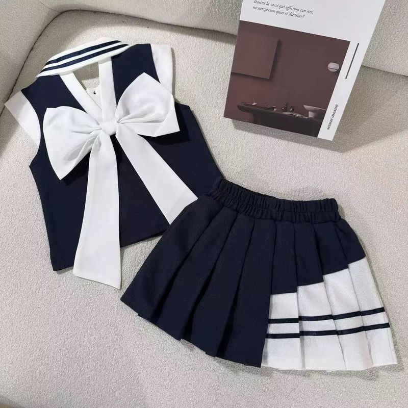 女の子スーツ夏の新作 2025 ラペルバックレスビッグリボンベストトッププリーツショートスカート 2 点セット|undefined