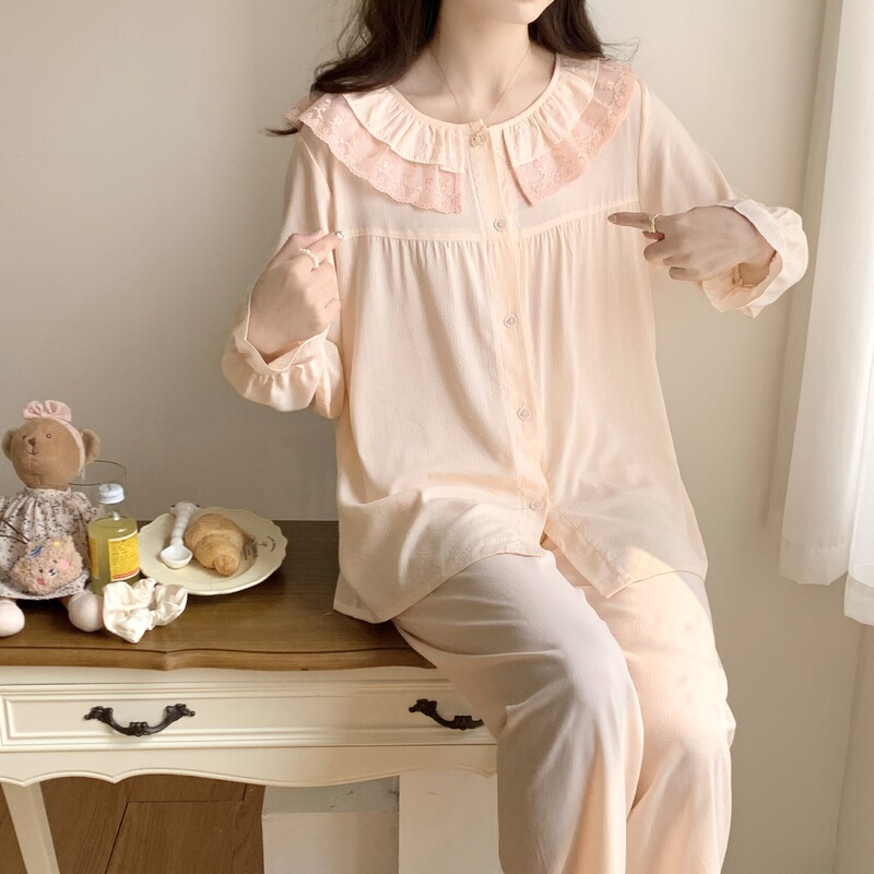 Long Sleeve Interwoven Cotton Pajamas Women's Soft Breathable Cardigan Open Buckle suit Petal Cuff Lace Round Neck Solid Color Long Sleeve Interwoven Cotton Pajamas Women's Soft Breathable Cardigan Open Buckle suit Petal Cuff Lace Round Neck Solid Color