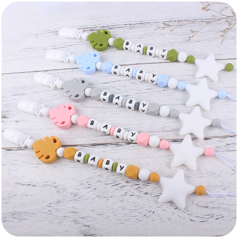 Bebé suministros de dibujos animados hojas mordedor bebé estrella grande molar juguete DIY bebé nombre chupete cadena traje