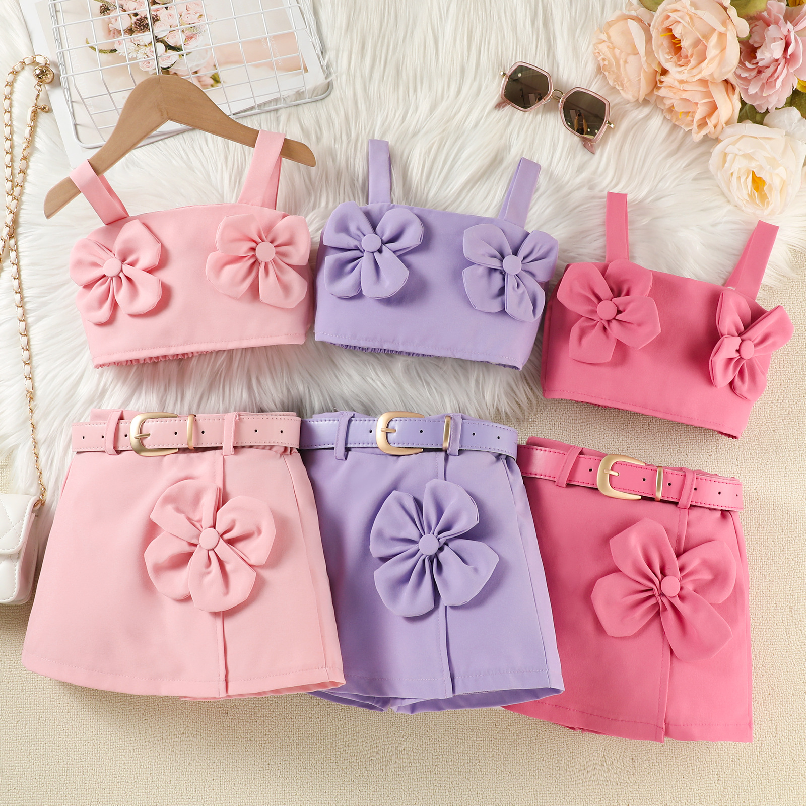 Outside Europe and the United States trade summer new girls three-dimensional flower camisole jacket with split skirt pants belt three-piece set