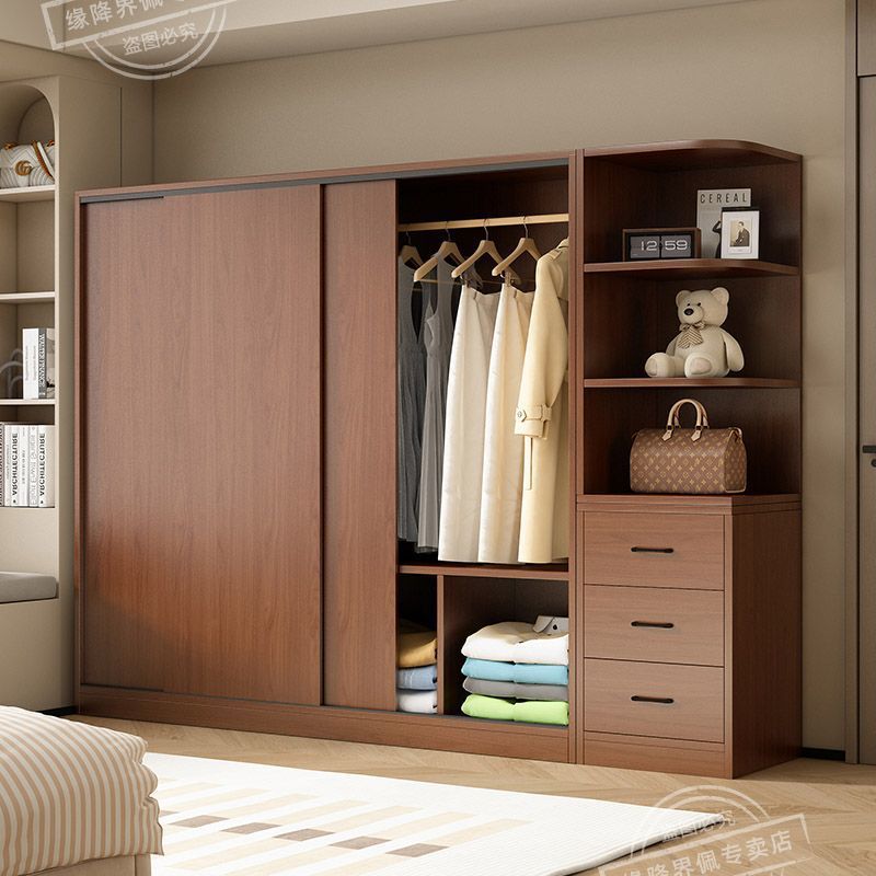Solid Wood Wardrobe Home Bedroom Sliding Door Wardrobe Modern Simple Economical Storage Cabinet Large Capacity Silk Flower