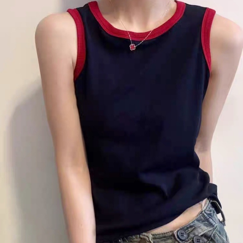 A118#夏季新款纯欲U领撞色拼接背心修身女一体式带胸垫百搭上衣|undefined