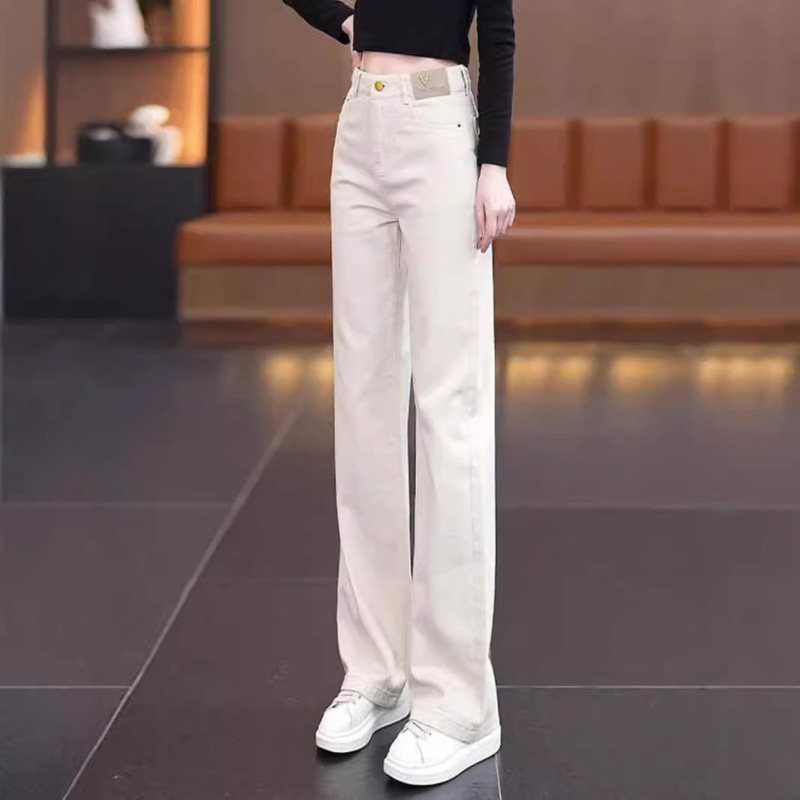 Off-White Cotton Breathable Soft Denim Straight Pants for Women 2025 New Summer Casual Women's Pants Slimming Look Wide Leg Pants
