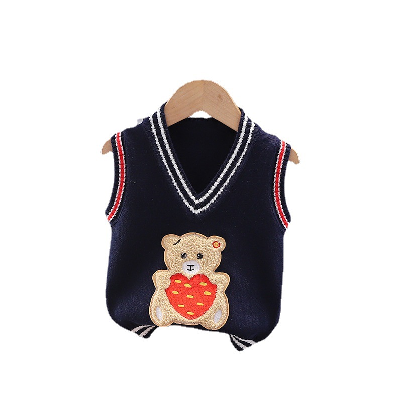[Oso Jin Yong] de los niños británicos estilo preppy oso bordado chaleco primavera color sólido bebé nuevo algodón superior hilo