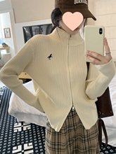 美式小立领双拉链开衫毛衣女打底秋装冬季设计感刺绣上衣针织外套