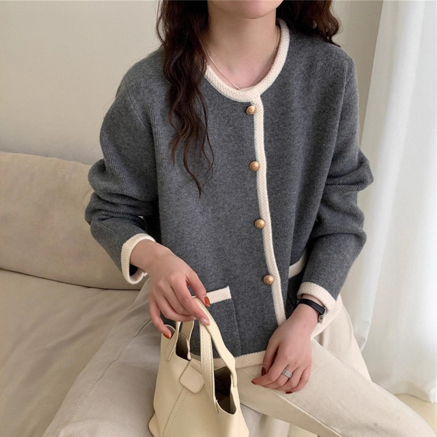 拼色圆领小香风针织开衫女秋冬新款韩版高级感休闲单排扣毛衣外套