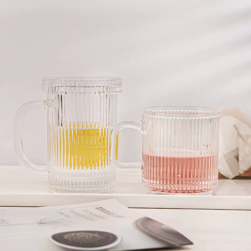 密楞手把杯马克杯水杯拿铁咖啡杯牛奶杯带盖竖条纹冰美式玻璃杯