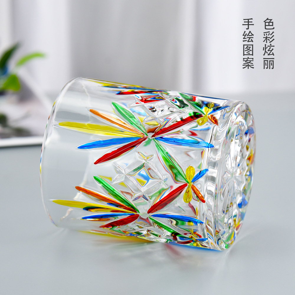 意大利设计师同款手工彩绘威士忌玻璃酒杯 七彩创意水杯家居摆件