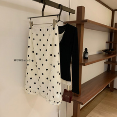 WGWE7232波尔卡少女 韩女甜俏波点中裙 钉珠蝴蝶结木耳边半身裙