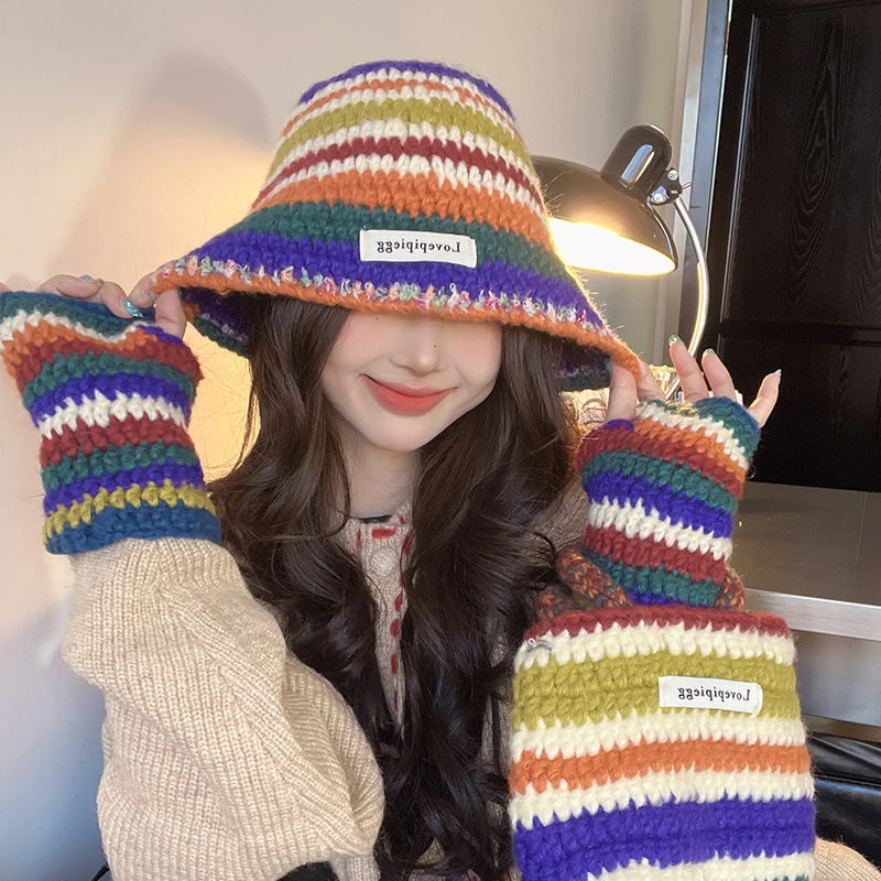 Autumn Winter New Warm Knitted Retro Rainbow Wool Korean Ins Trend Bag Gloves Hat Three-piece Set_voghion.com