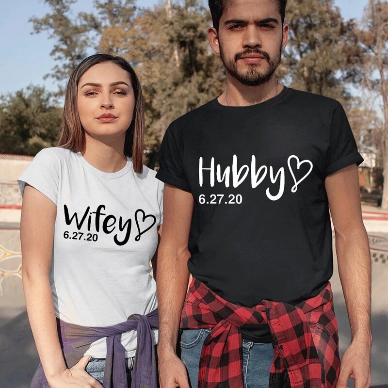 Wife and Husband Heart Pattern Couple T-Shirt Short Sleeve O-Neck Loose King Queen T-Shirt Fashion Lovers T-Shirt