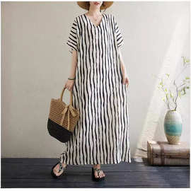 多色多款夏季新款薄棉麻印花V领宽松大码简约度假风长裙女衣长