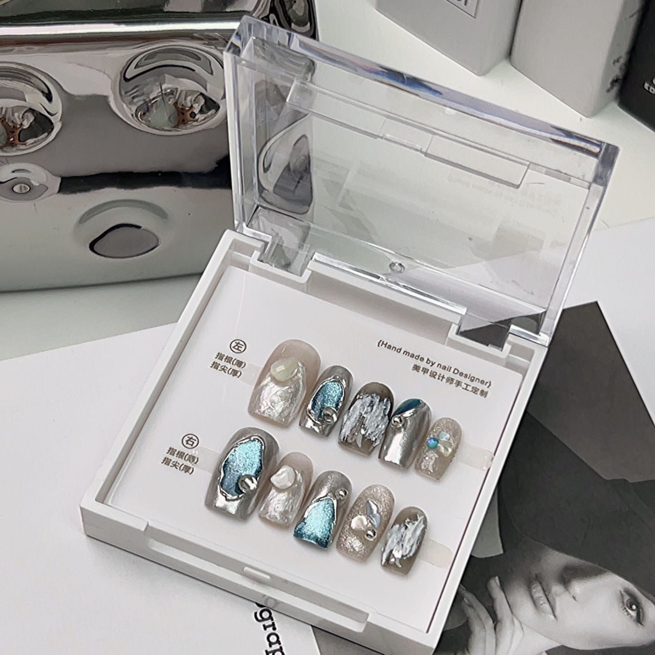 Original high-level hand-worn armor ins style texture white nail stickers small cat's eye nail art