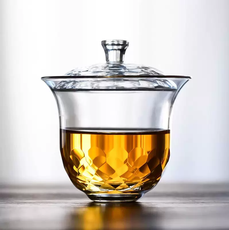 高档水晶玻璃盖碗手工切割泡茶碗不烫手单个茶杯冲茶功夫茶具