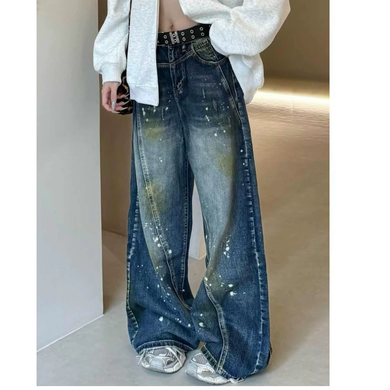 Loose straight jeans, autumn trousers, American style, for teenagers, mid rise