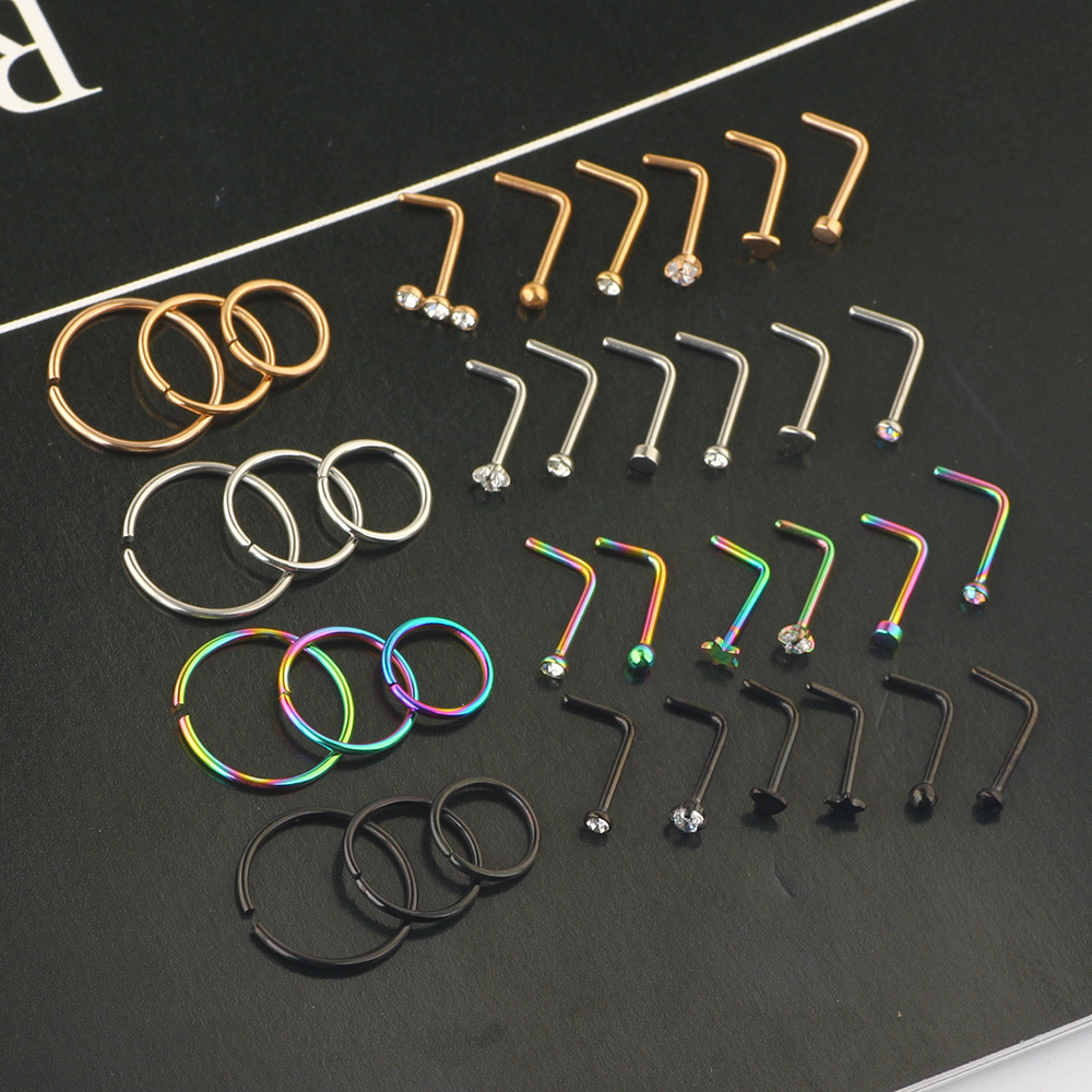 Rose Gold Nose Nail Ring Set 20G Stainless Steel CZ Piercing Jewelry - 30 Pcs detail image 8