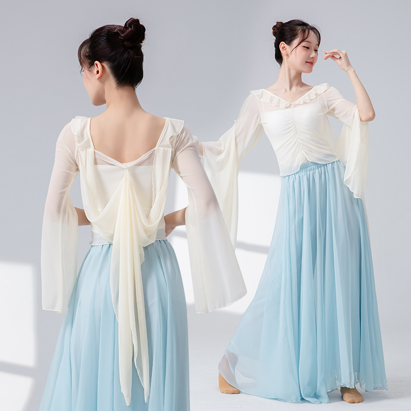 女性用クラシックダンス練習服、メッシュリボン、フリル、新しいスプライシングパフォーマンス服、トップス、エレガントな中国舞踊服|undefined