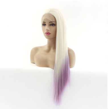 Peluca europea y americana, blanco lechoso, rosa, púrpura, cabello liso largo, encaje frontal, capucha de cabello de fibra química LW0162