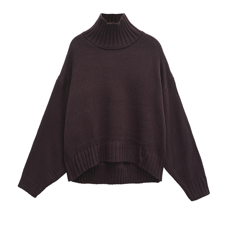 Foreign trade 2024 autumn new European and American style women's fashion loose long sleeve turtleneck dark brown sweater 1177599