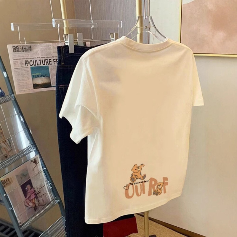 apricot Shoulder Cartoon Print Short-sleeved T-shirt Women's Summer White Cotton Loose Top