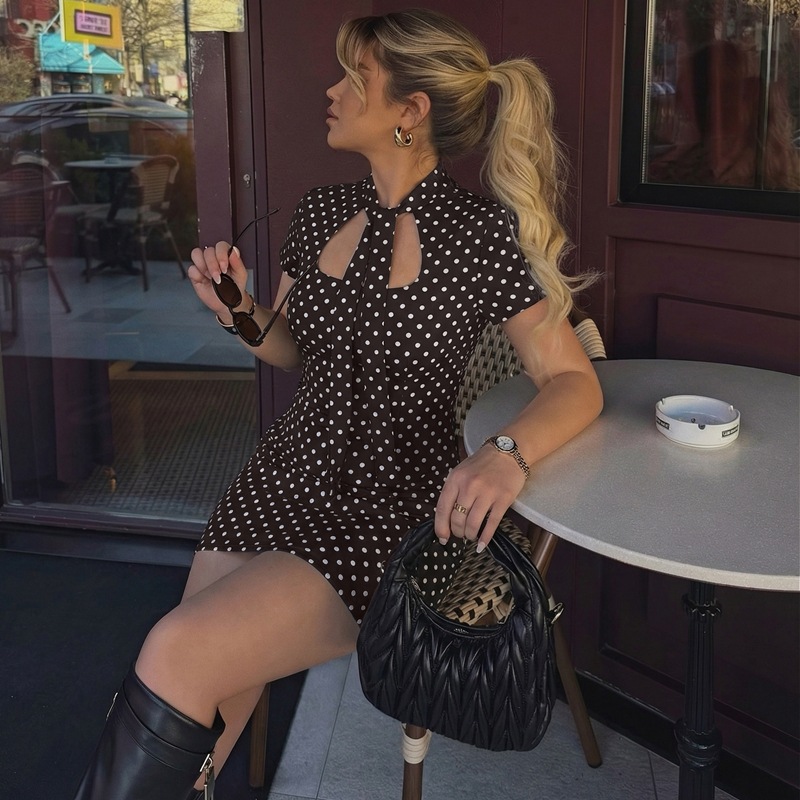 Women's 2026 Summer New Product Fashion Spice Girl Polka Dot Lace-up Slim Hip Wrap Dress_ecoleips.com
