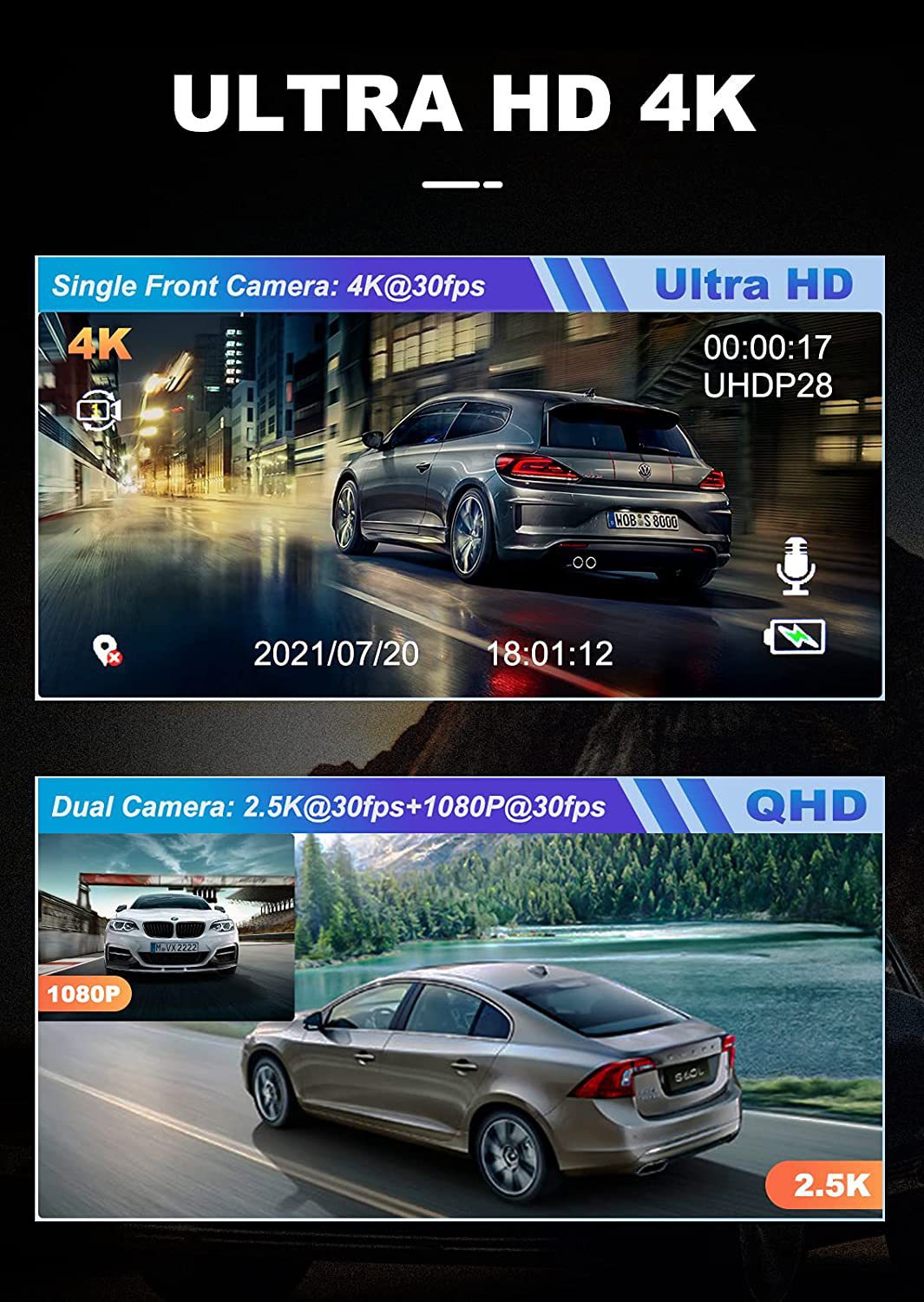 Cross-Border Driving Recorder Wifi Hd 4K Parking Monitoring Ips Screen Night Vision Loop Recording Car Black Box