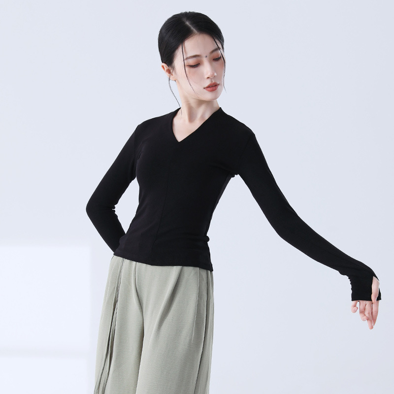 モダンダンス練習着 女性用 新型 Vネック スリムフィット 半袖ニットトップス 中国舞踊 日常体操 ダンスウェア|undefined