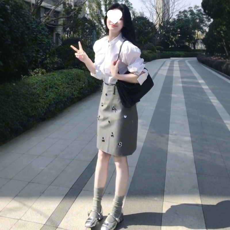 跨境灰色钉珠亮片西装半身裙女夏季直筒裙气质修身裙子轻奢通勤短|undefined