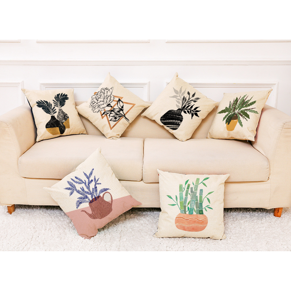 wish 亚马逊新款艺术花盆亚麻抱枕套 汽车抱枕家居沙发靠垫可定制