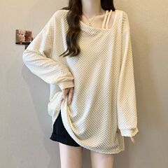 大码设计感不规则露锁骨长袖t恤女2025春秋款宽松显瘦中长款上衣