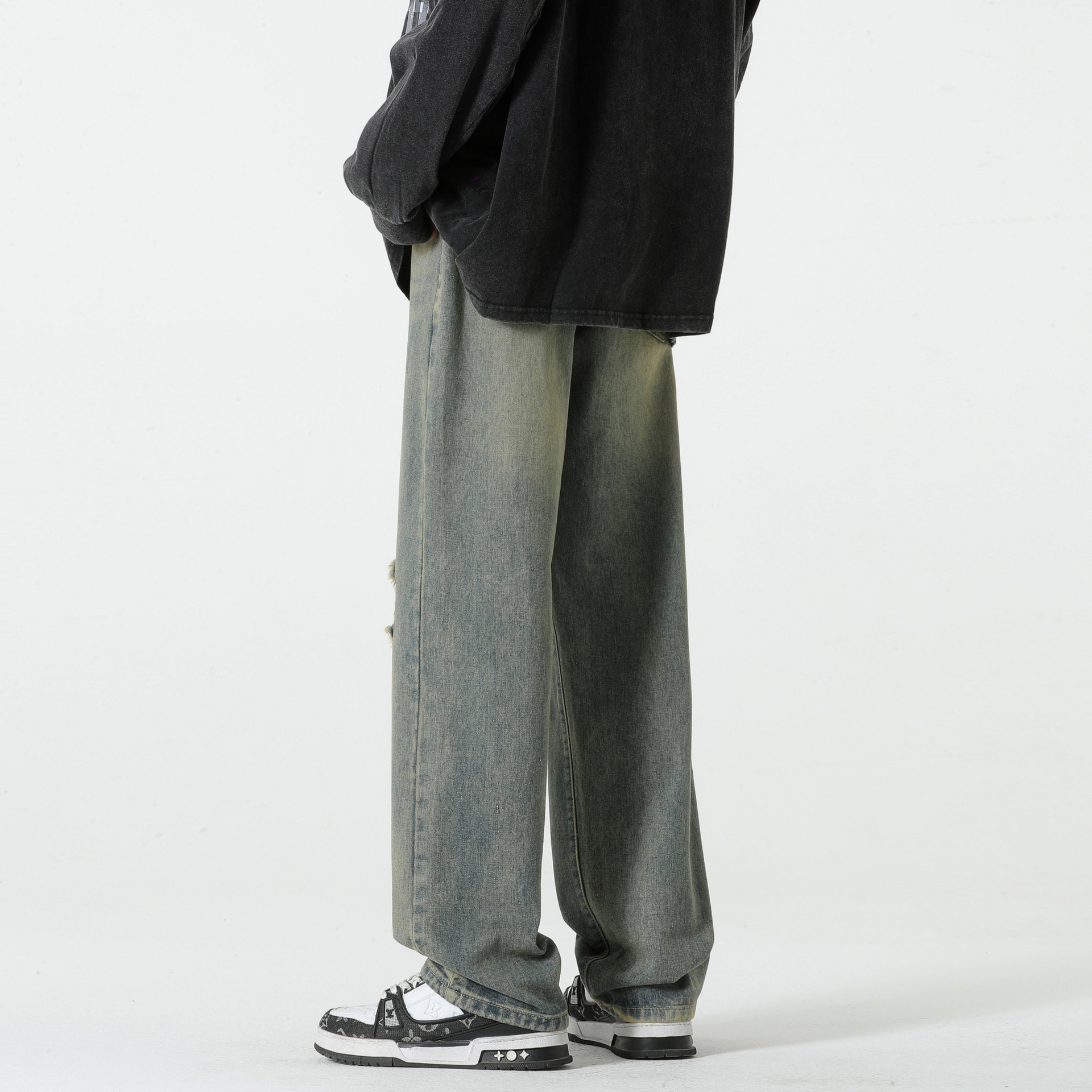 Pantalones vaqueros rasgados de los hombres de hip hop de la calle Otoño e Invierno nuevos pantalones sueltos de pierna ancha de la calle alta pantalones americanos azules retro de los hombres