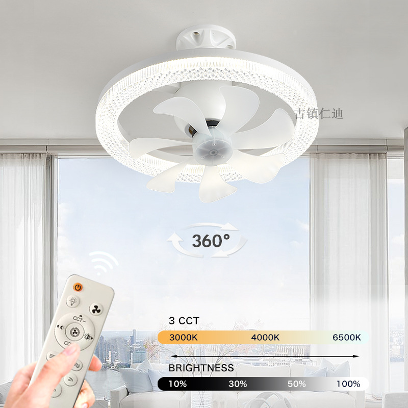 2025 Cross-Border New Model Crystal 360-Degree Oscillating Fan Light E27 Screw Socket Remote Control Ceiling Fan Can Be Equipped with Base Ceiling Light