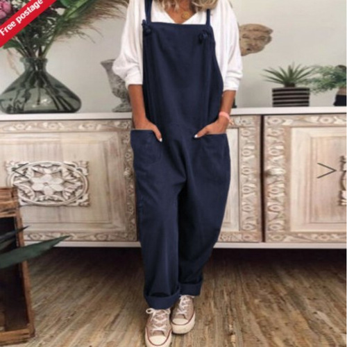 Ebay summer new pure color casual retro pockets sleeveless linen jumpsuit with adjustable straps