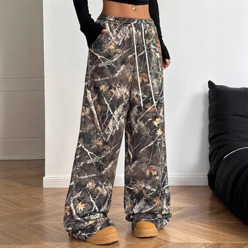 Cross-border 2025 American-style youth fashion casual elastic waistband camo print slim-fit wide-leg floor-length pants