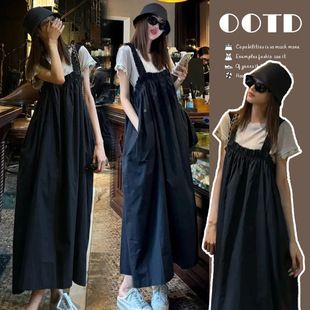 in stock summer new fashion high retro temperament suspender skirt dress short sleeve top two-piece set