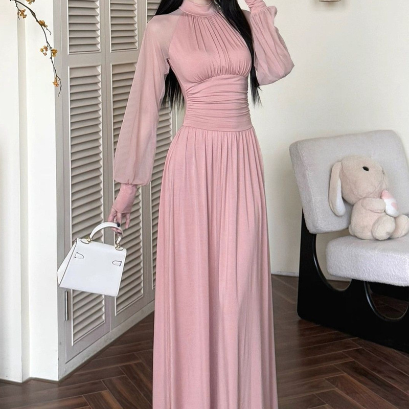 Spring and Summer New Style French-Style Long Dress with Half-High Collar, Pleated Long Sleeves, Mesh Dress, Waist-Cinching Slim-Fit Dress for Women