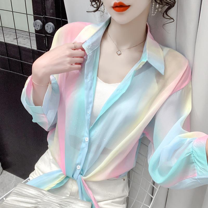 Rainbow chiffon sun protection shirt for women Summer 2024 New loose all-match thin long sleeve cardigan Super fairy top fashion