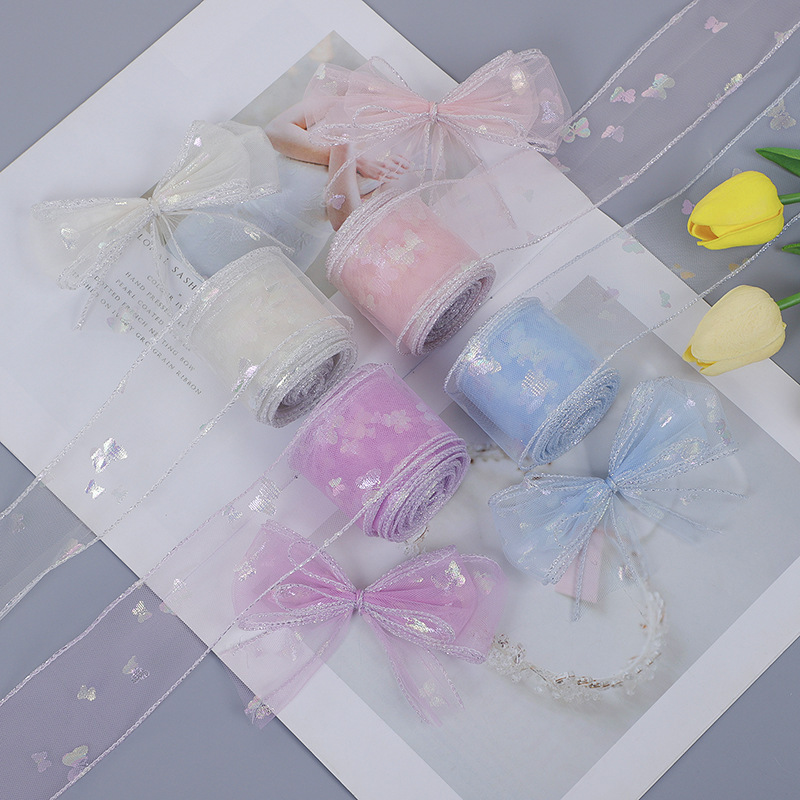 新商品の4cm拷問銀の縁の網の糸の金は蝶の愛のリボンの靴の帯の補助材料の生花の包装の材料を印刷します。|undefined