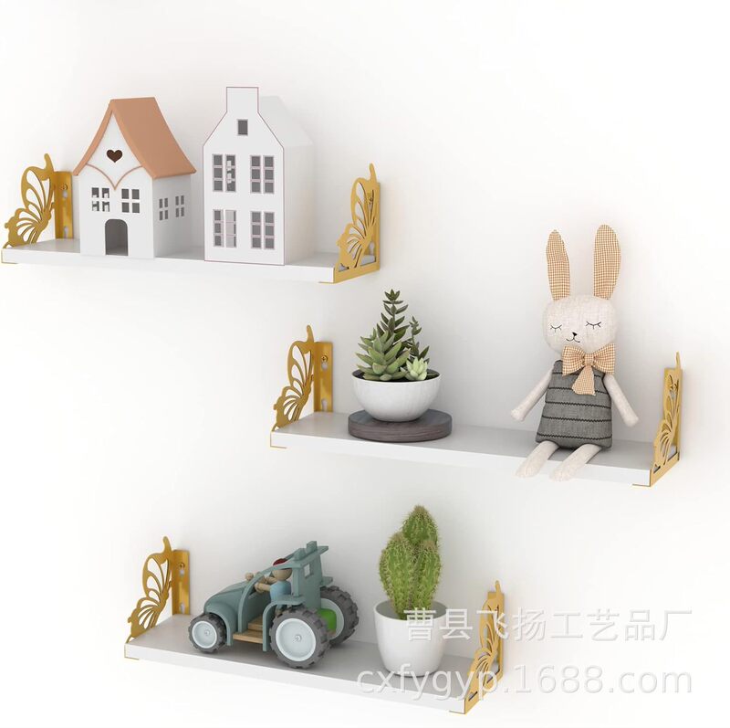 Wooden Floating Bookshelf with Creative Butterfly Shape, Golden Bracket, Wall-Mounted Storage Rack for Bathroom and Kitchen Wooden Floating Bookshelf with Creative Butterfly Shape, Golden Bracket, Wall-Mounted Storage Rack for Bathroom and Kitchen