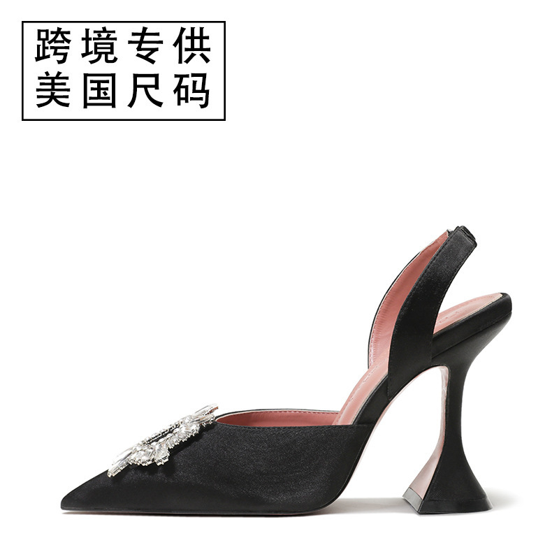 Cross-Border black satin sunflower crystal diamond buckle horseshoe heel sandals SHEIN Amazon wish generation