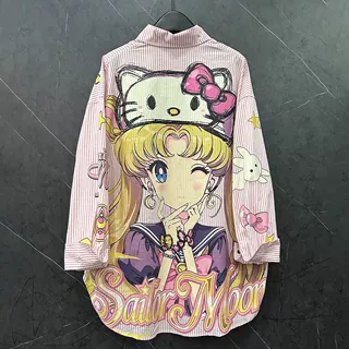 2-300斤胖m特大码重工卡通美少女春夏条纹长袖衬衫宽松中长款上衣