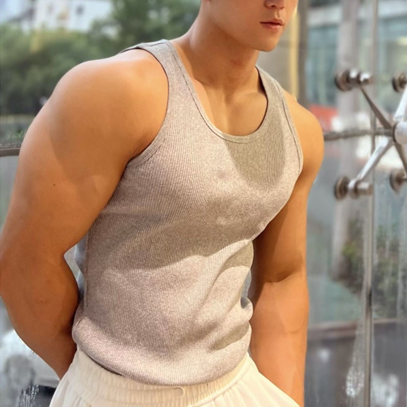 Pure Cotton Coarse Thread Slim Stretch Sports Fitness Vest Men's Round Neck Large Size Quick-Drying Muscle Training Breathable