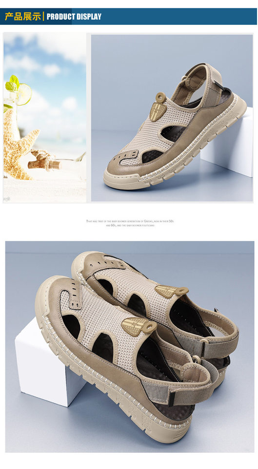Giày sandal nam thân lưới dệt thoáng khí khoét lỗ, khóa dán, kiểu bao đầu, đi học và đi chơi mùa hè — Màu kaki, màu đen chi tiết 14