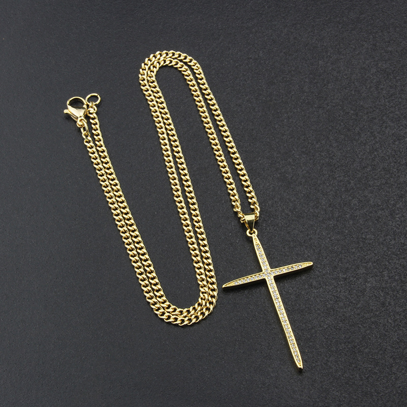 American inlaid zirconium large cross copper gold-plated necklace